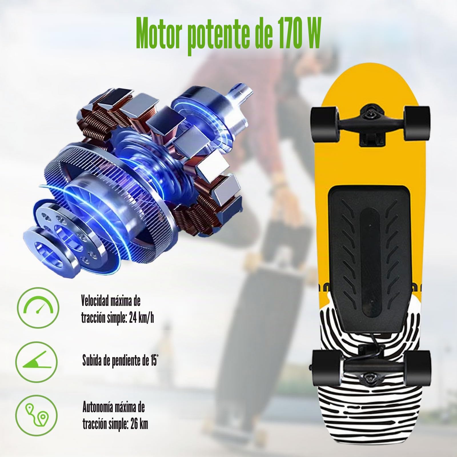 Monopatín eléctrico para Adultos y Adolescentes, Motor 170W / 340W / 450W / 1000W, 4 Modos de Velocidad,Mando a Distancia con Mando inalámbrico, para Principiantes Single-Drive-26km