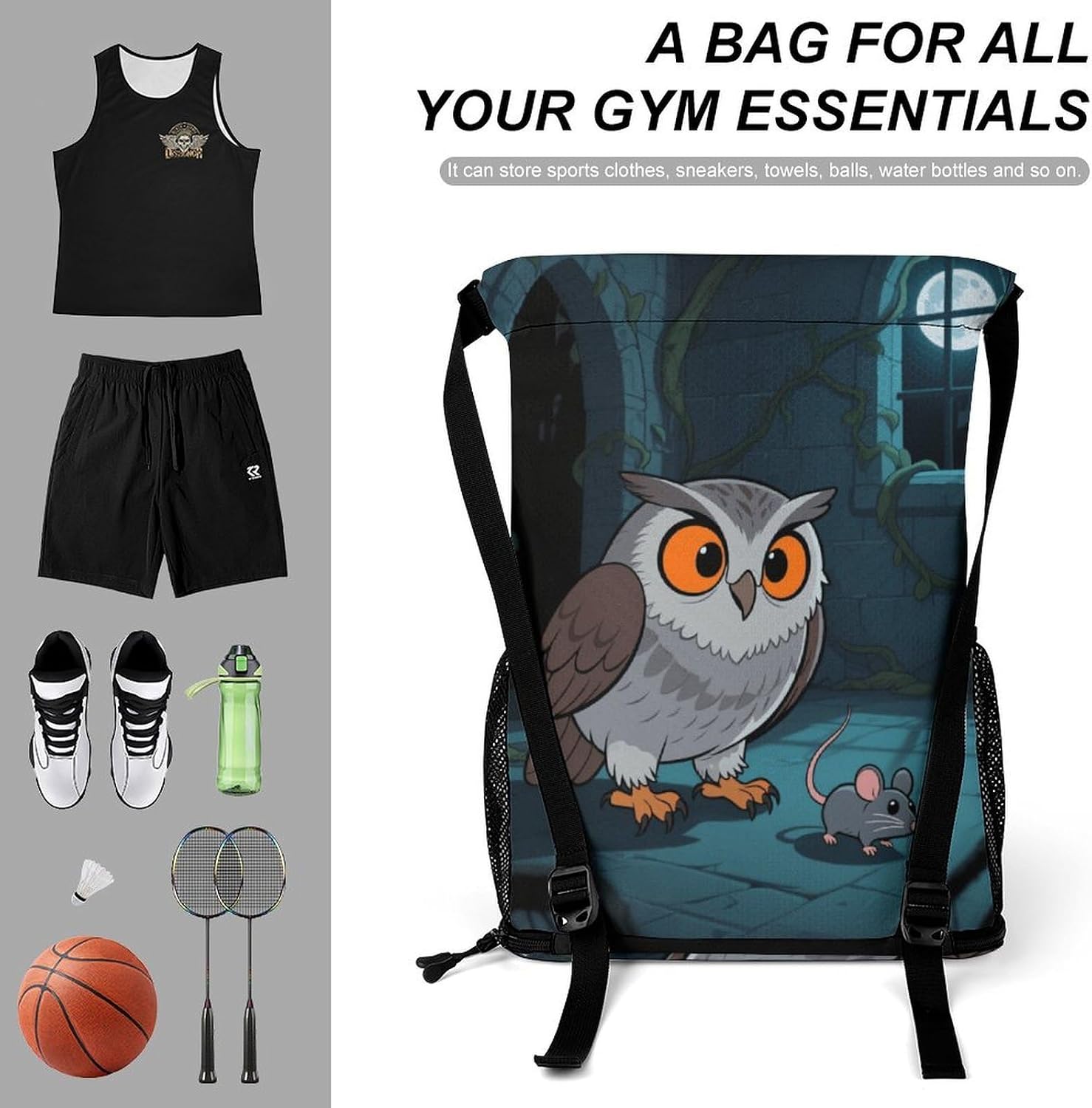 Small Gym Bag An Owl Catching Mice Printed Drawstring Gym Bag for Men Lightweight Waterproof Drawstring Backpack for Women with Shoe Compartment for Travel Tourism Work And Fitness