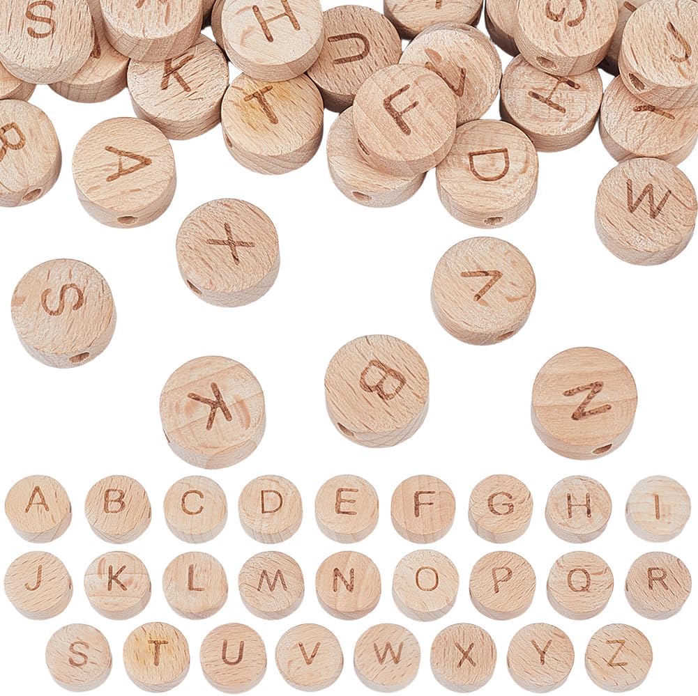 52pcs 15mm Alphabet Wooden Beads with 3mm Large Hole Natural Wood Flat Round 26 Initial Letter Spacer Loose Bead Bulk for Jewellery Making Bracelets Necklace Home Decor DIY Crafts Supply