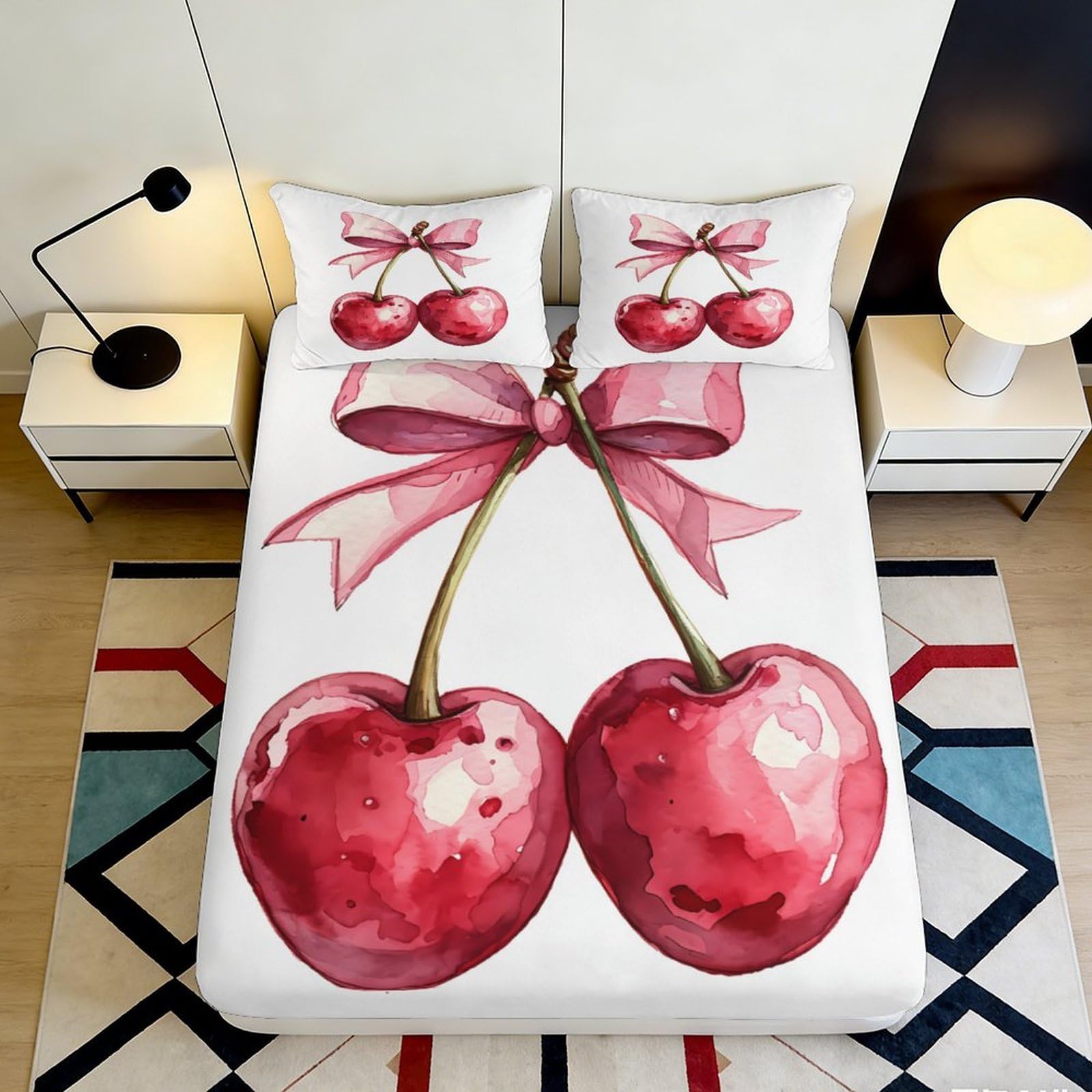 3D Printed Cherry Bow Fitted Sheet Microfiber Soft Breathable Cherry Pattern Bed Cover for Bedroom Dormitory Guest Room Mattress Protection 200x200x25cm