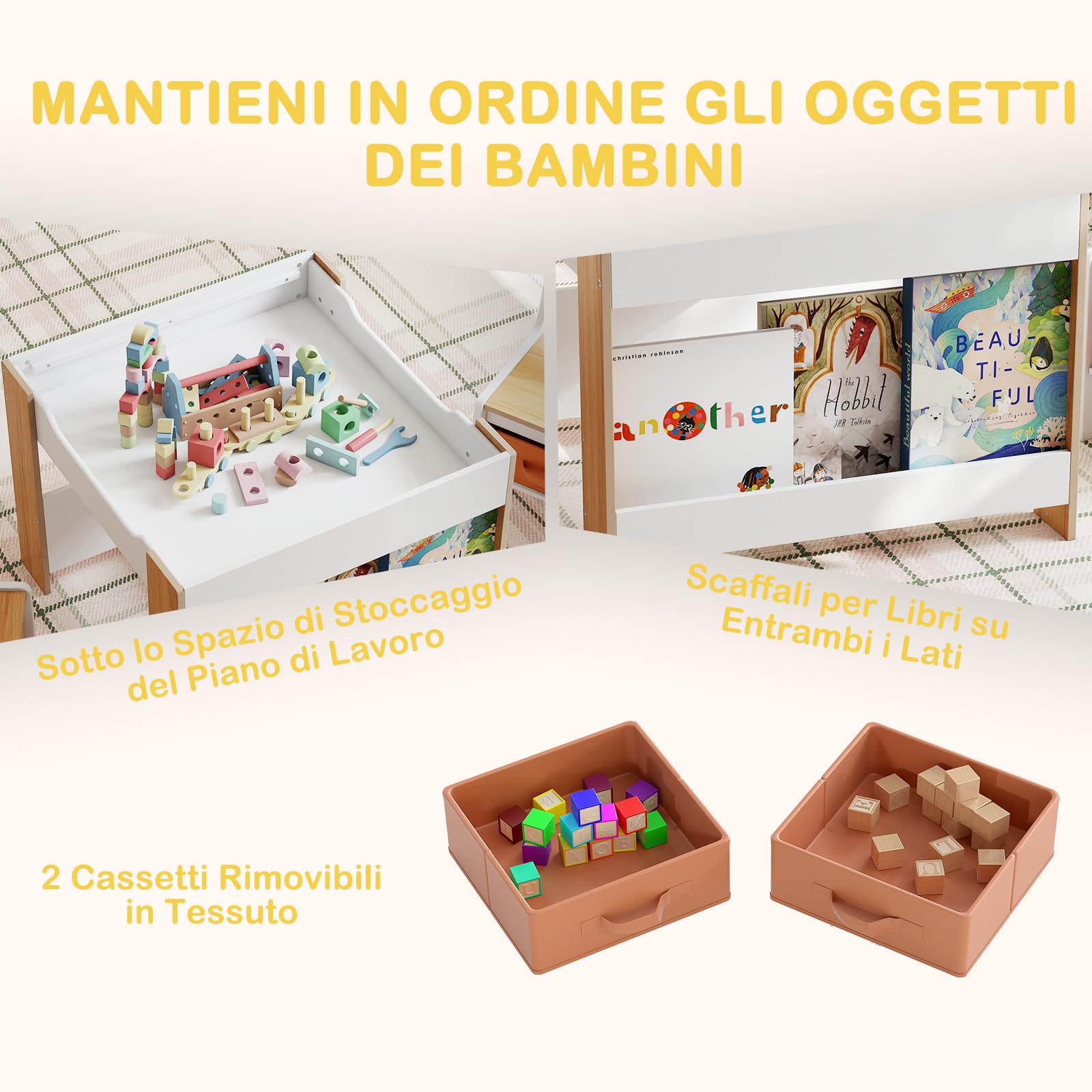COSTWAY Set Tavolino Bambini e Sedie 4 in 1 con Lavagna Rimovibile (Naturale)