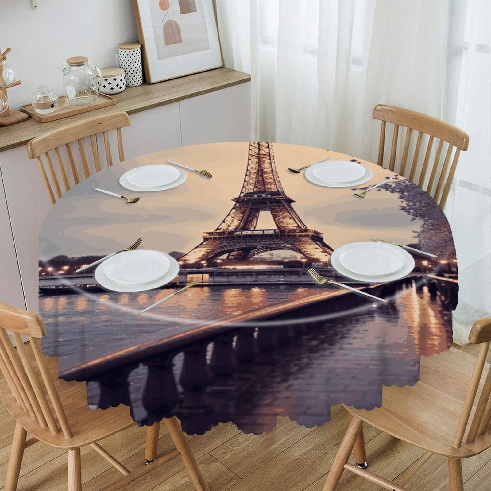 FekiLoot Eiffel Tower Winter Rainy Round Tablecloth Waterproof Spill-Proof Wipeable Table Cloth Wrinkle Free Circle Dining Table Cover for Dining Kitchen Wedding Parties Machine Washable