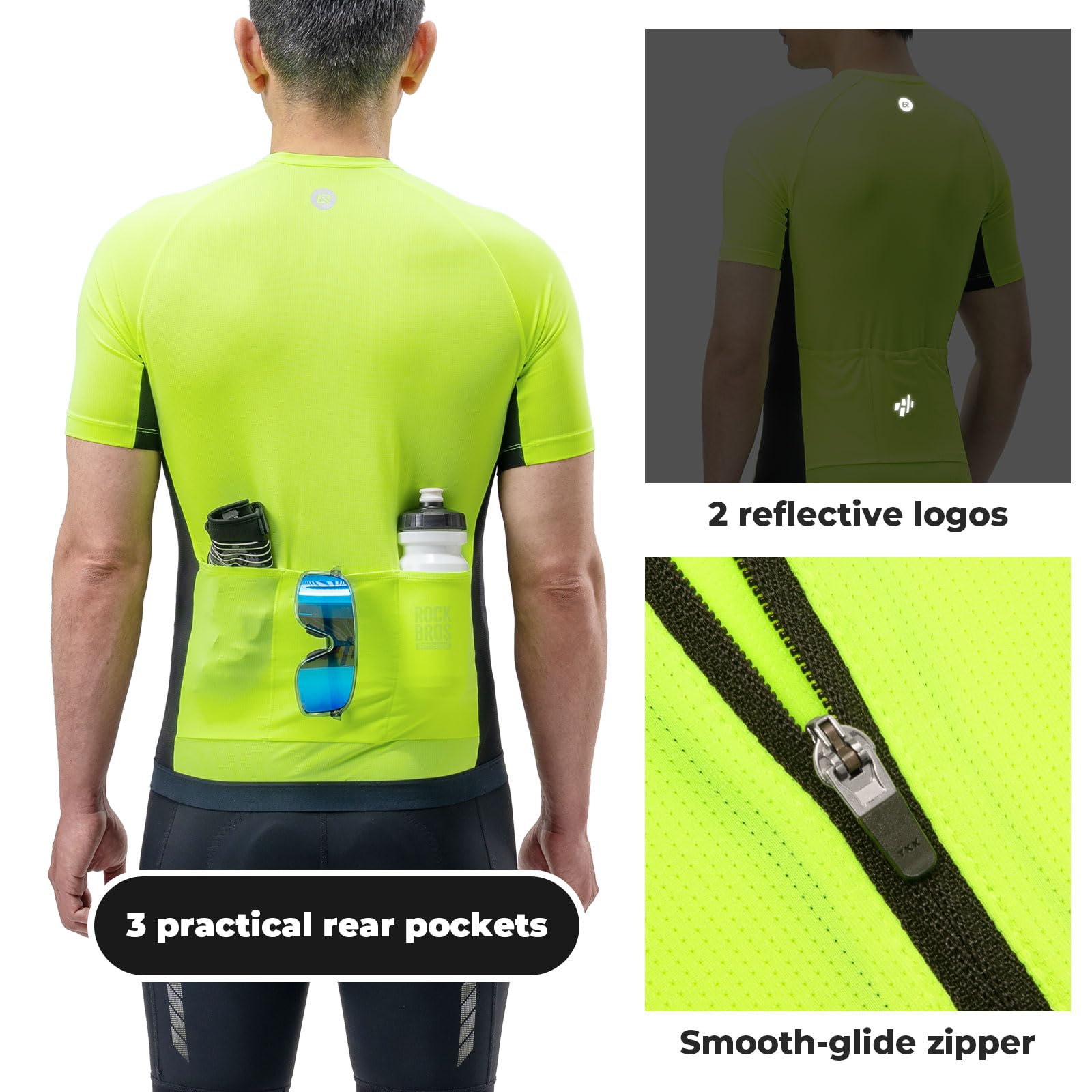 ROCKBROS Maillot Ciclismo Verano de Manga Corta para Hombre, Camiseta de Ciclismo con 3 Bolsillos Ligero Transpirable Secado Rápido para MTB Bicicleta de Carretera, Amarillo