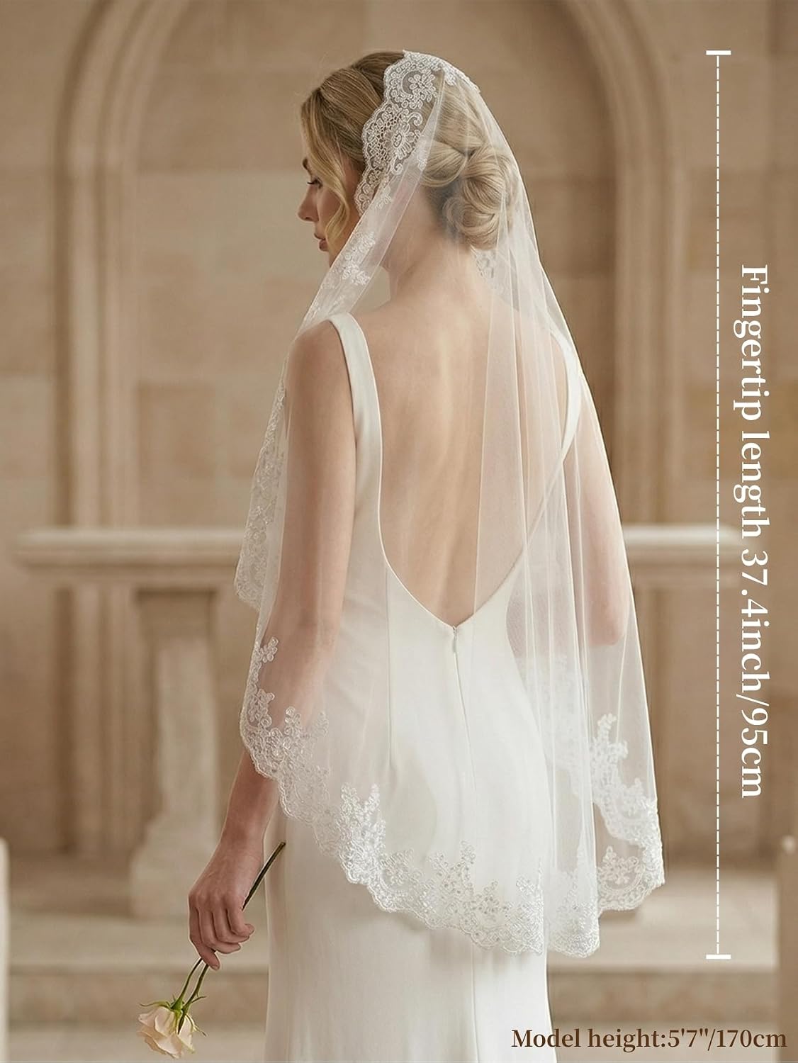 Mantilla Fingertip Length Wedding Veil Lace Sequin Bridal Veil with Comb for Bride