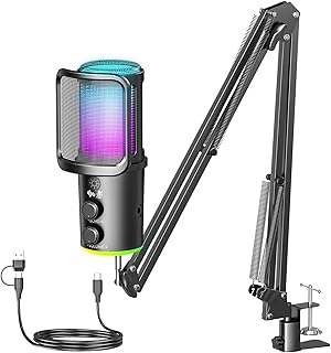 Gaming USB Microphone, Noise Cancellation Condenser Mic with Mute,Boom Arm Mic-Reverb Adjustment, Monitoring for