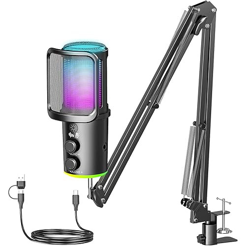 Gaming USB Microphone, Noise Cancellation Condenser Mic with Mute,Boom Arm Mic-Reverb Adjustment, Monitoring for Streaming, Podcasting, Discord, YouTube,PC, Computer, PS4, PS5, Mac