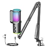 Gaming USB Microphone, Noise Cancellation Condenser Mic with Mute,Boom Arm Mic-Reverb Adjustment, Monitoring for Streaming, Podcasting, Discord, YouTube,PC, Computer, PS4, PS5, Mac