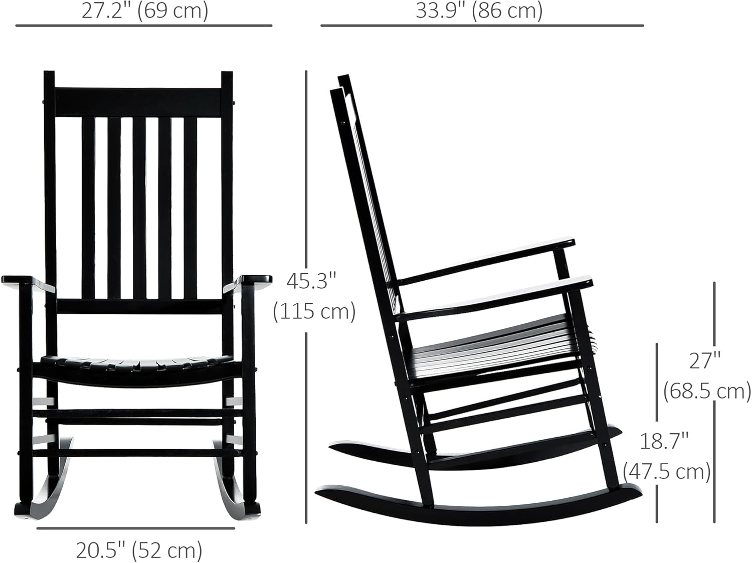 Outsunny Outdoor Rocking Chair, Patio Wooden Rocking Chair with Smooth Armrests, High Back for Garden, Balcony, Porch, Supports Up to 353 lbs, Black