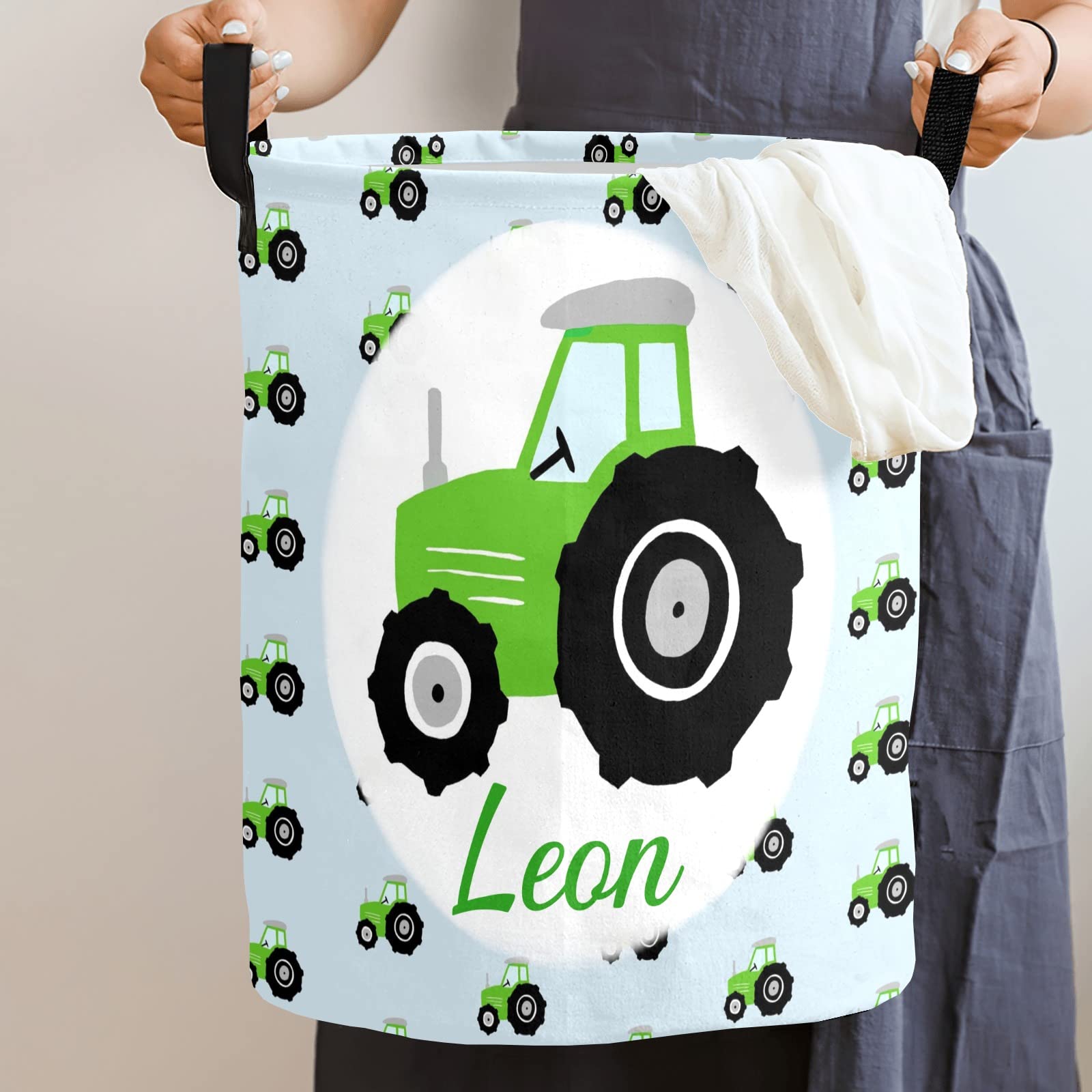 Custom Green Tractors Pattern Laundry Hamper Personalized Laundry Basket with Name Storage Basket with Handle for Bathroom Living Room Bedroom