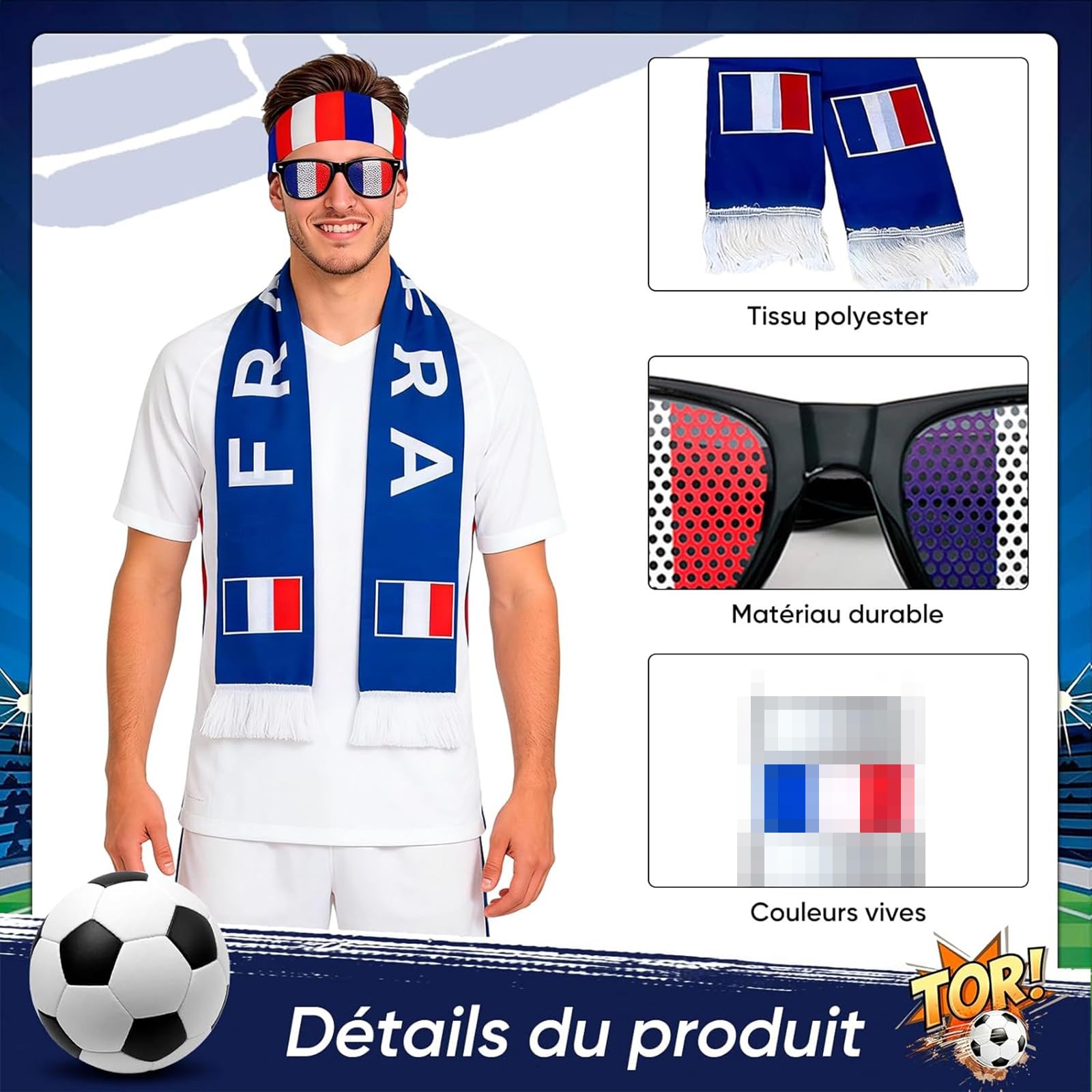 Kit Supporter France 5 Pièces Maillot Equipe de France Foot 2026, France Écharpe Bracelet Lunettes Bandeau et Plus, Accessoires Fan Coupe du Monde 2026, Kit Supporter pour Stade Fête