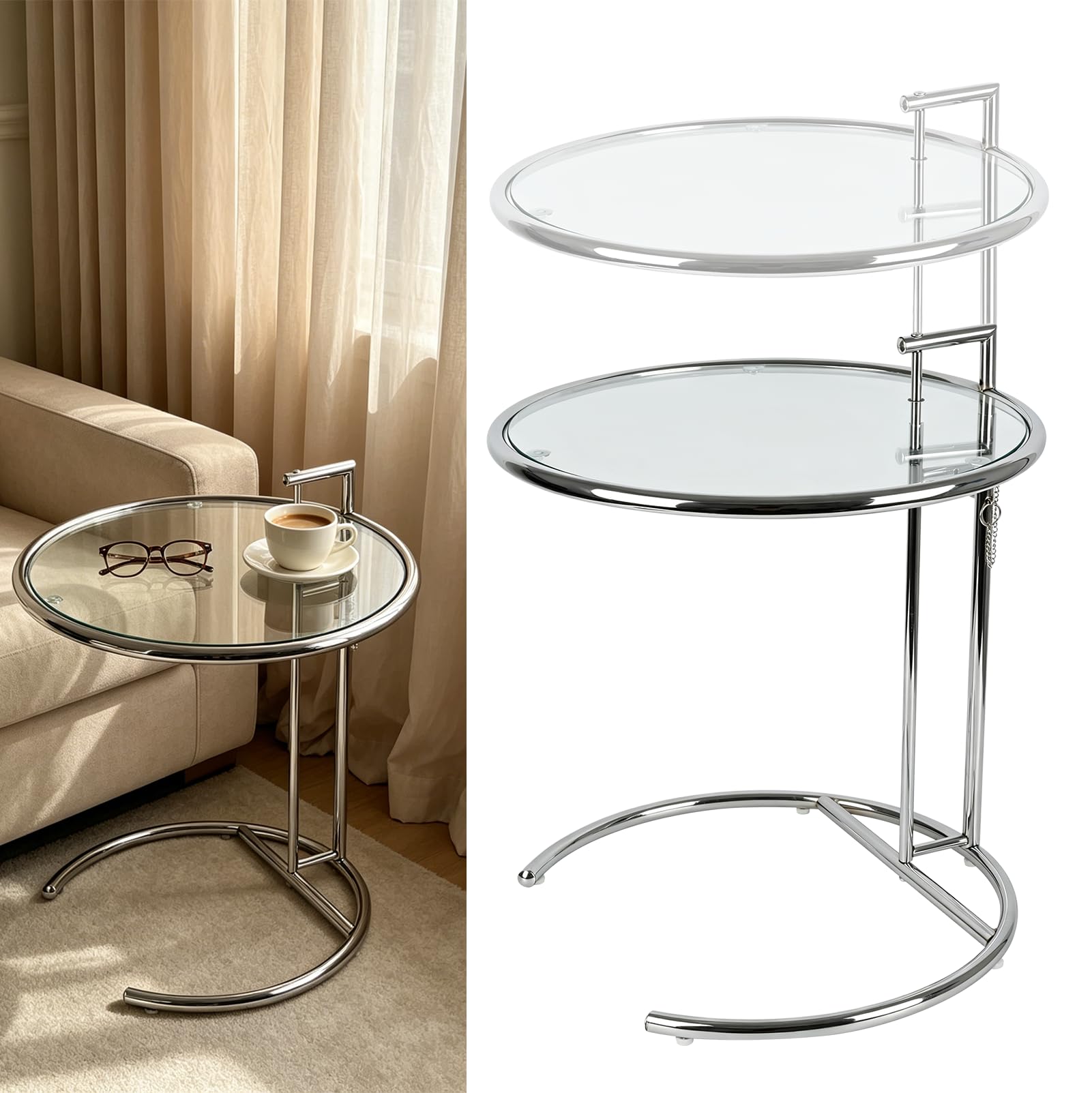 Mesa Auxiliar Redonda De Cristal, Mesa De Centro En Forma De C, Marco De Acero Inoxidable, Altura Regulable Hasta 66-91 Cm, Mesa De Cristal Para Salón, Tapa De Vidrio, Color Plateado