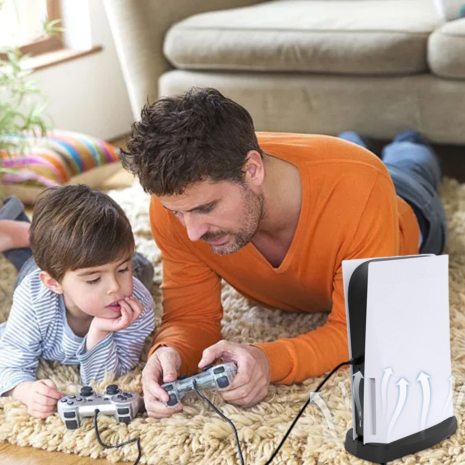 Soporte Vertical for PS5 con Ventilador y Cargador Doble for mandos, Base de estación for 5 Consolas PS5, Ventilador Ajustable de Velocidad UHD T0/1/1