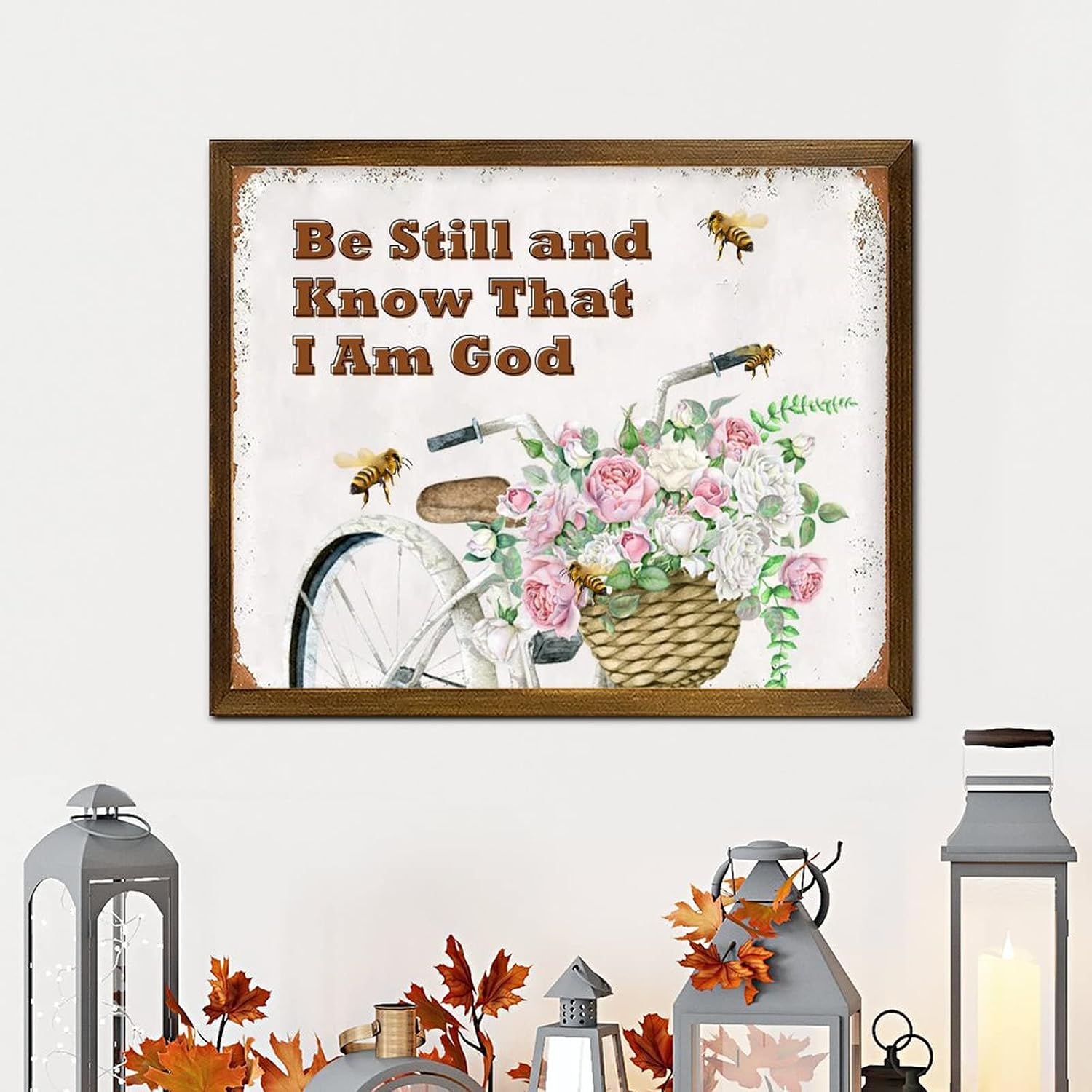 Be Still and Know That I Am God Framed Wooden Signs Spring Butterfly Bike Basket Flower Wooden Wall Art Signs Vintage Nature Plants Home Wall Decoration for Home Living Room 16x20 Inch