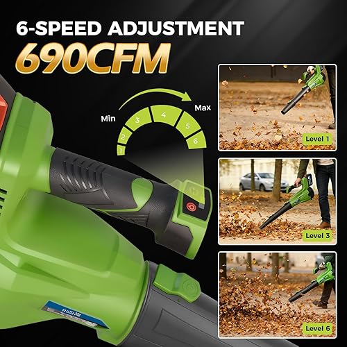 Miniatura 4 de Soplador eléctrico de hojas inalámbrico, motor sin escobillas de 690 CFM/190 MPH con modos de 6 velocidades, soplador de hojas de batería de 690 CFM