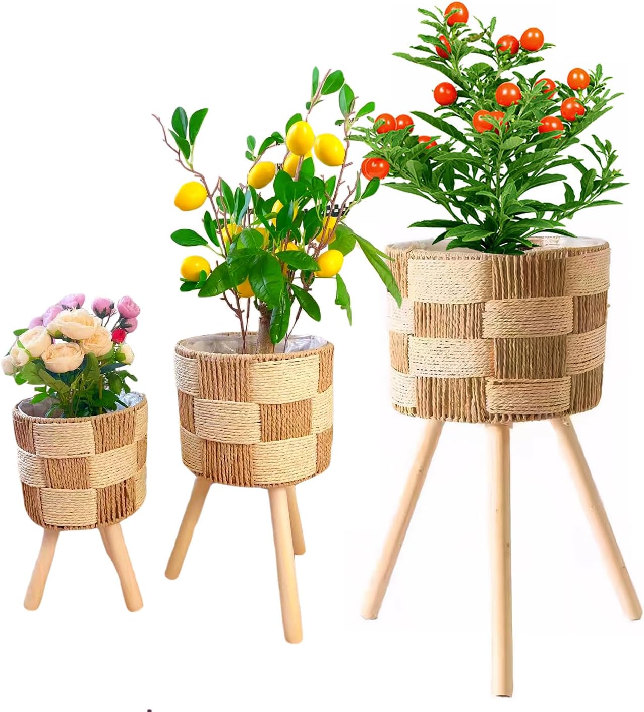 Boho Rattan Plant Stand Set of 3 – Handwoven Wicker Mid-Century Modern Floor Planter Stand for Indoor Plants, Large Farmhouse Decor, Sturdy Wood & Rope Design, Housewarming Gift