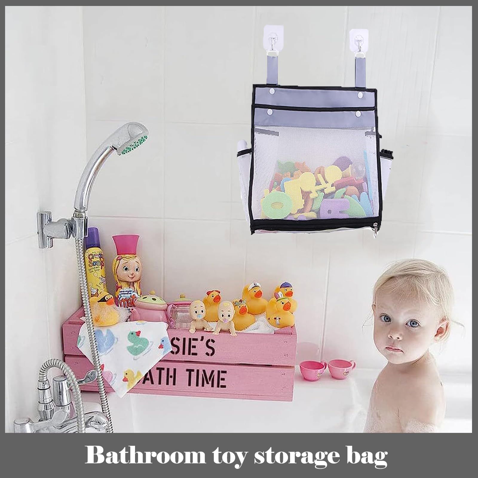 Rete Portaoggetti Per Giocattoli Da Bagno - 3 Tasche, Ganci Adesivi, Rete PVC Resistente - Foto 5