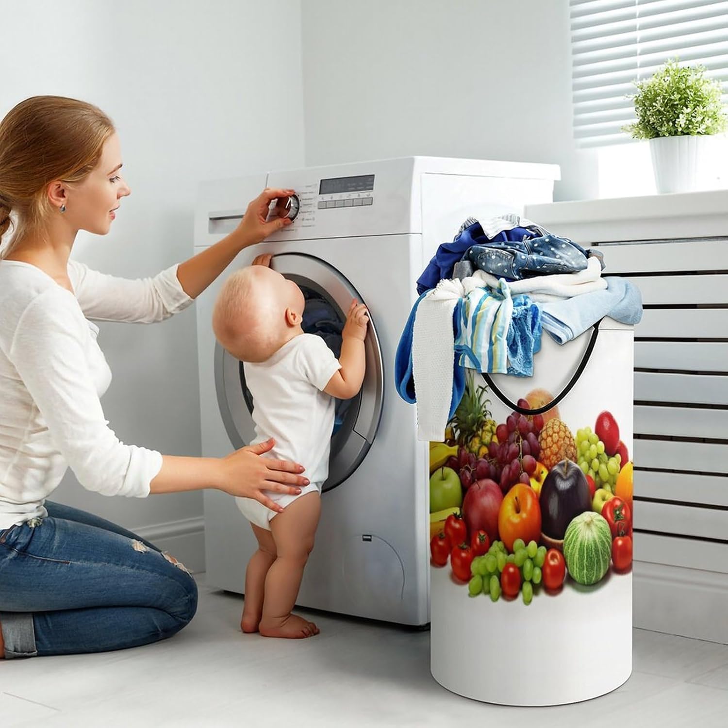 Large Laundry Hamper with Handle Waterproof Laundry Basket Collapsible Dirty Clothes Hamper Variety Fresh Vegetables Fruits Laundry Bag for Clothes Toys in Bedroom 15.7x27.2 In