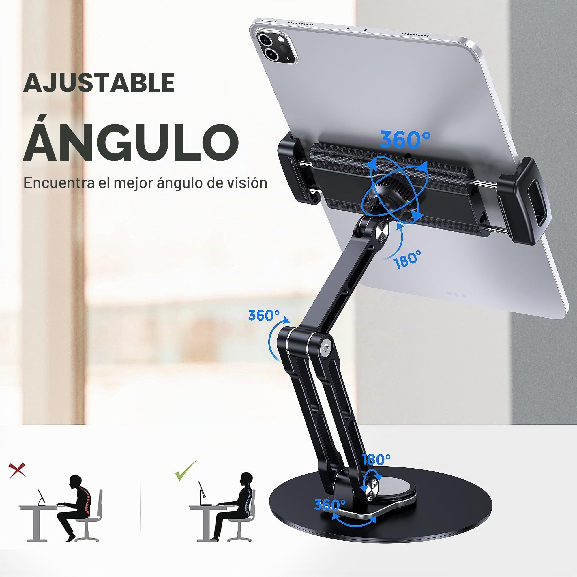 Soporte para Tablet para iPad, Ajustable con Base Giratoria de 360 Grados para Escritorio, Soporte Giratorio de Aluminio para Tablet Compatible con iPad Air/Mini,10.2/9.7,Pro