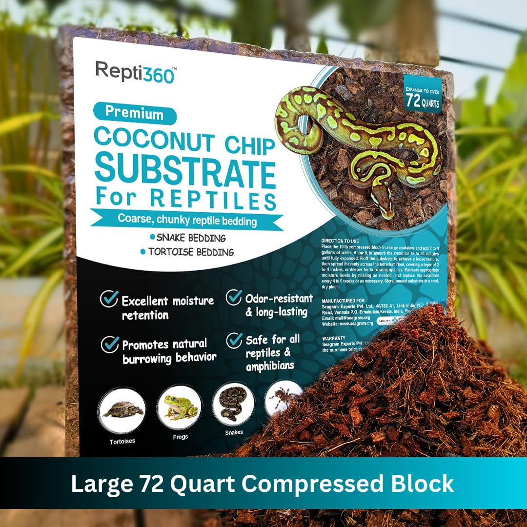 Substrato di scaglie di cocco di alta qualità per rettili, blocco compresso da 4,5 kg, si espande fino a 72 litri, biancheria da letto naturale per habitat di pitone palla, tartaruga, drago