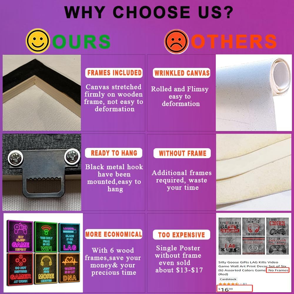 Framed Gamer Room decor, Printed Neon Canvas Video Game Decor, Gaming Wall Art for Boys Bedroom Gamer Game Room Boys Room (Set of 6, 8x10 inch, Framed)