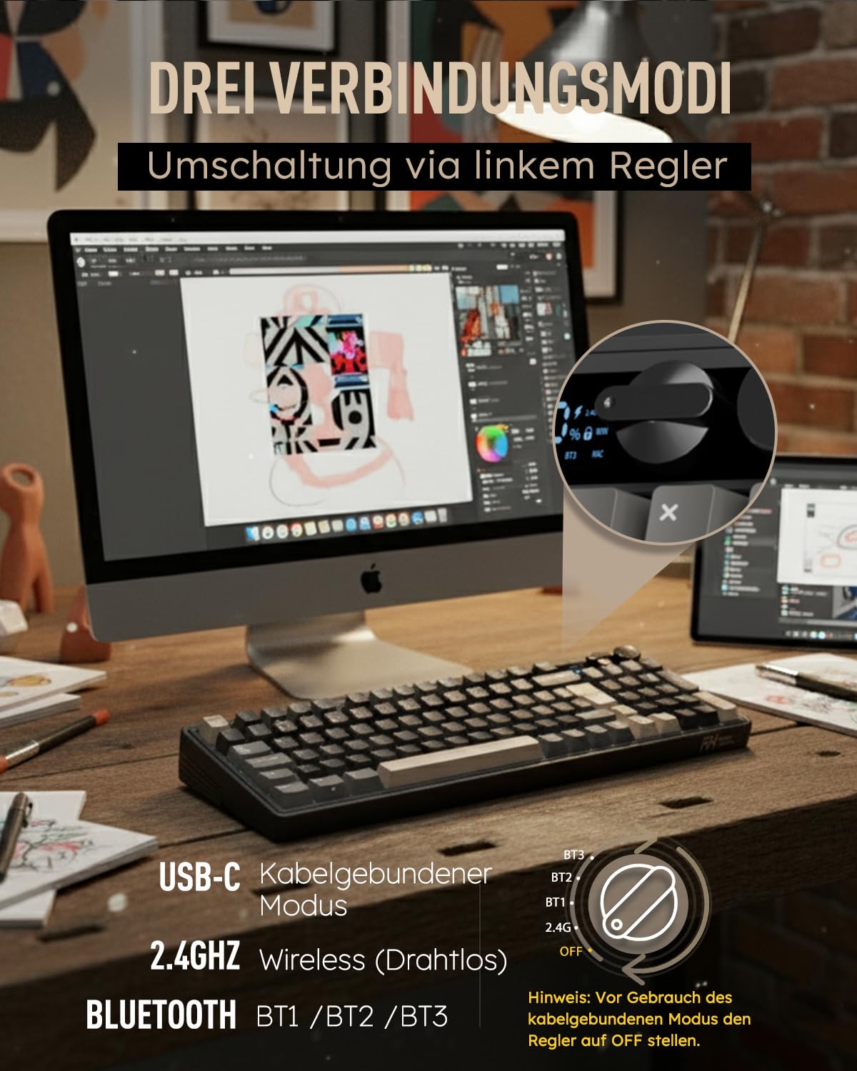 RK ROYAL KLUDGE M100 Mechanische Tastatur Kabellos 96% Gasket Gaming Tastatur QWERTZ mit Nummernblock BT/2.4Ghz/USB-C RGB 8000mAh Hot Swap Creamy Switches Schwarz