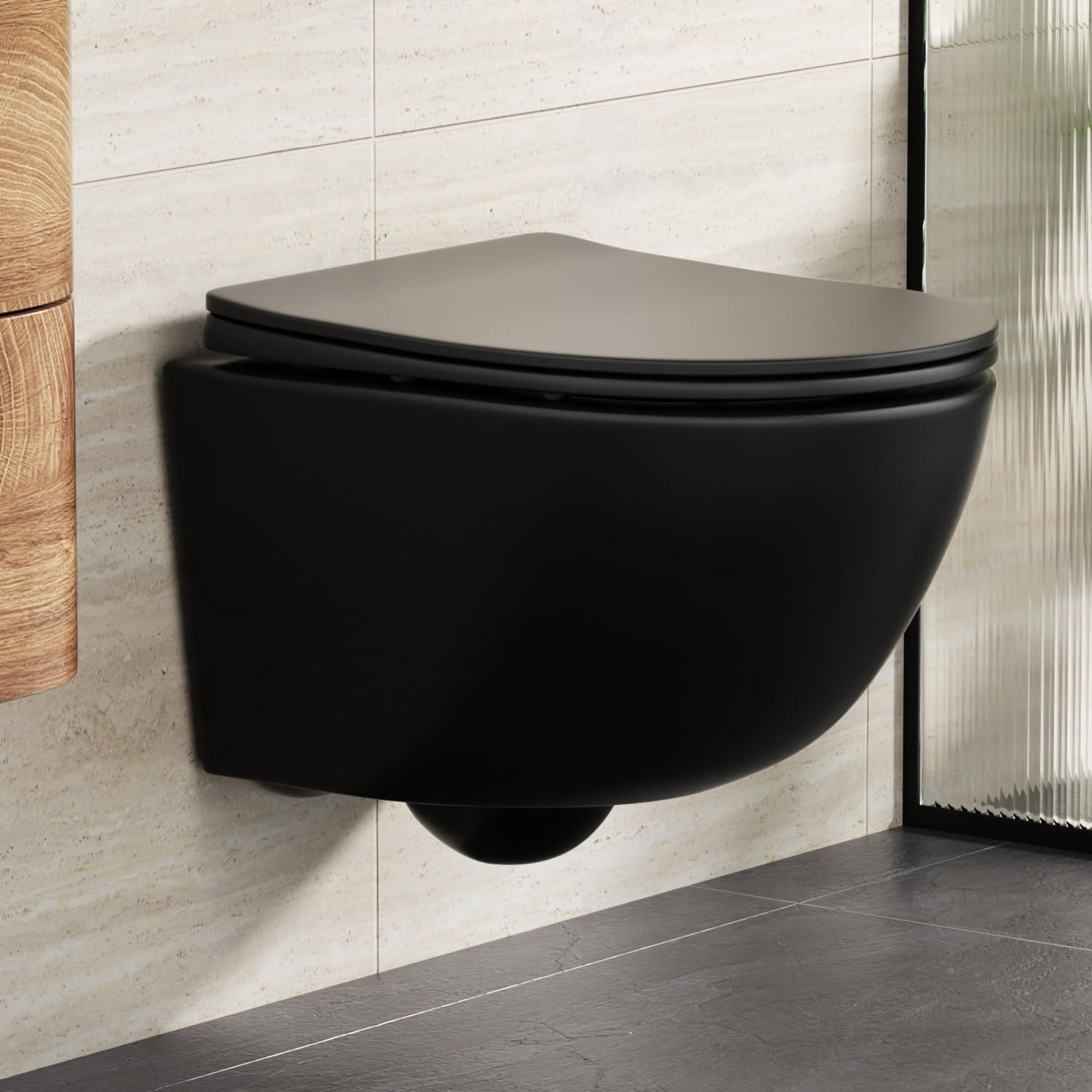 Rainsworth Hänge WC Spülrandlos Toilette - Starker Spülung, Kloschüssel inklusive WC-Sitz Absenkautomatik, Kompakt KeramikToilette, 48,5 cm lang, Einfach zu einigen, für Badezimmer-Aufstieg, Schwarz