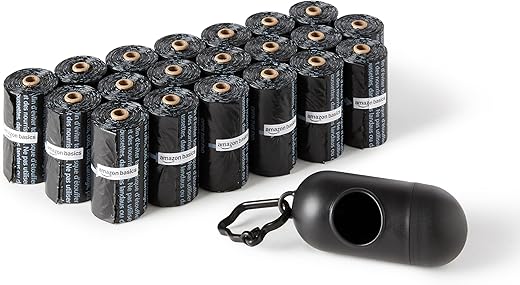 Amazon Basics Standard Dog Poop Bags With Dispenser and Leash Clip, Unscented, 300 Count, 20 Pack of 15, Black, 13 Inch x 9 Inch
