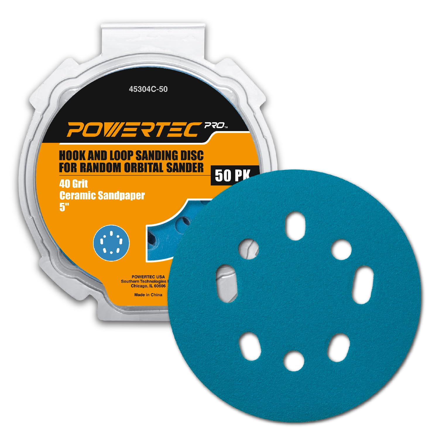 POWERTEC 50 dischi abrasivi con gancio e anello, grana 40, per levigatrice orbitale in ceramica, per levigatrici orbitali casuali da 5 e 8 fori, per automobili, vernici, metallo, lavorazione del legno