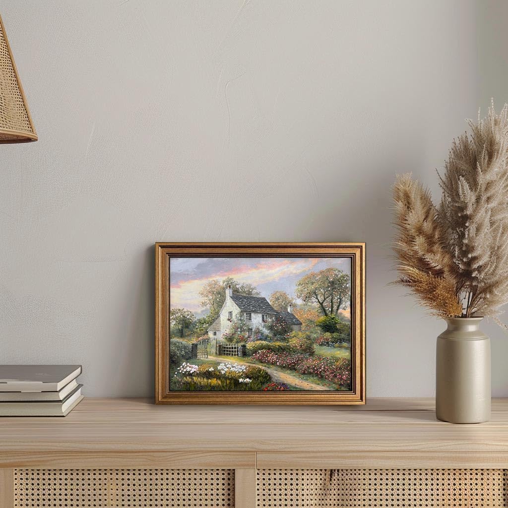 Gold Framed Vintage Wall Art Classical French Village Garden Painting Canvas Print Bedroom Dining Room Farmhouse Wall Decor (cottage, 16" L x 12" W)
