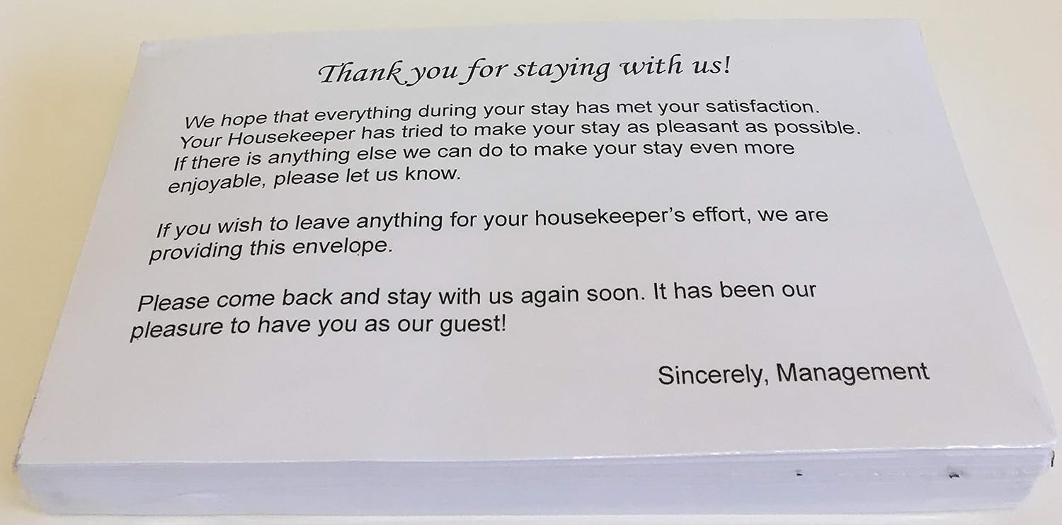 Housekeeping Hotel Motel Tip Gratuity Envelope - Gummed Seal - White - 3 11/16 by 6 1/2 Inch (Pack of 250)