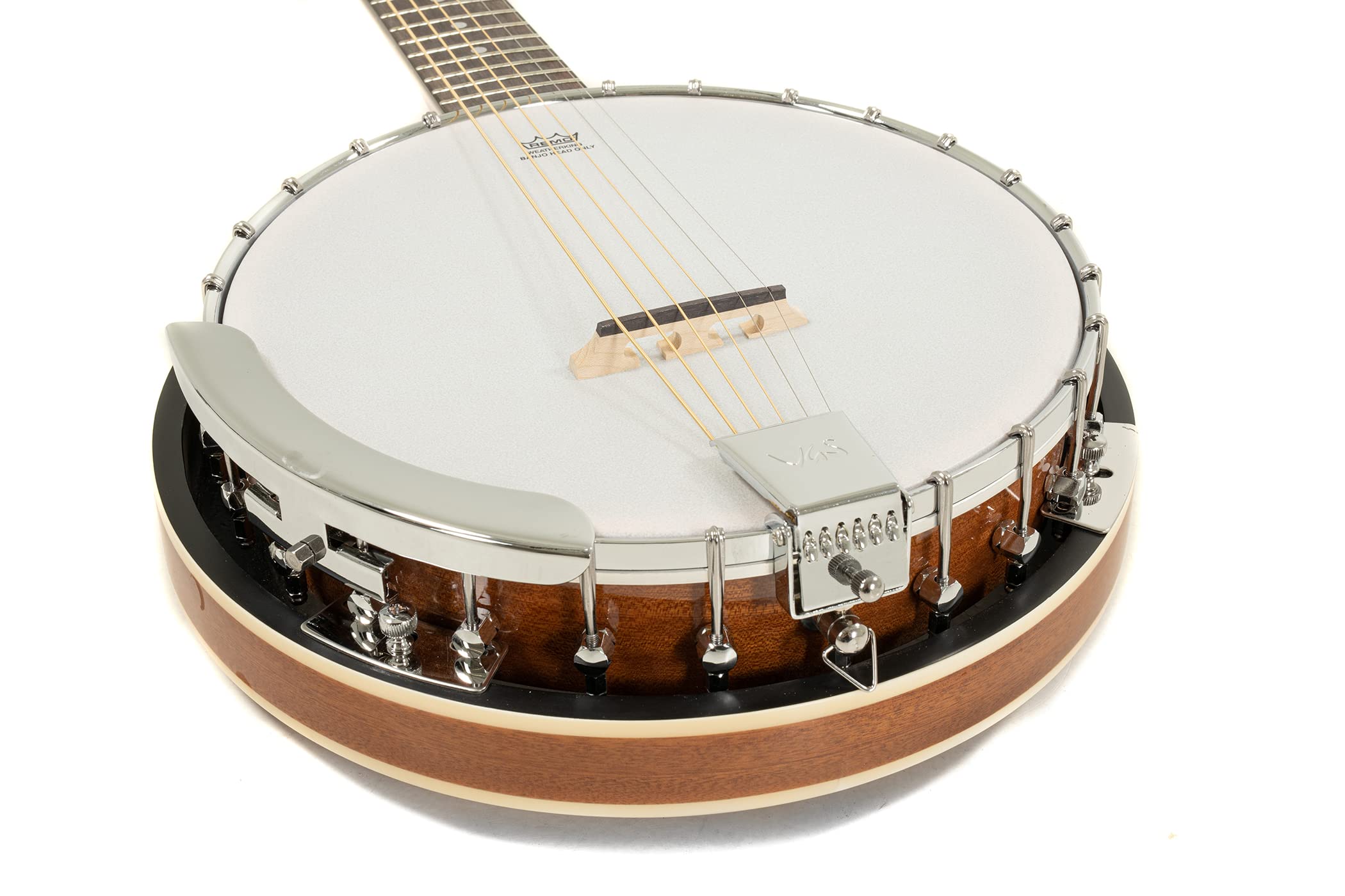 GEWA Gitarren-Banjo 6-saitig Serie Select - Mahagoni-Kessel Ø 33,5cm - Mahagoni-Resonator - inkl. Koffer - REMO Weatherking Fell - Naturfarben - Hochglanzlackiert