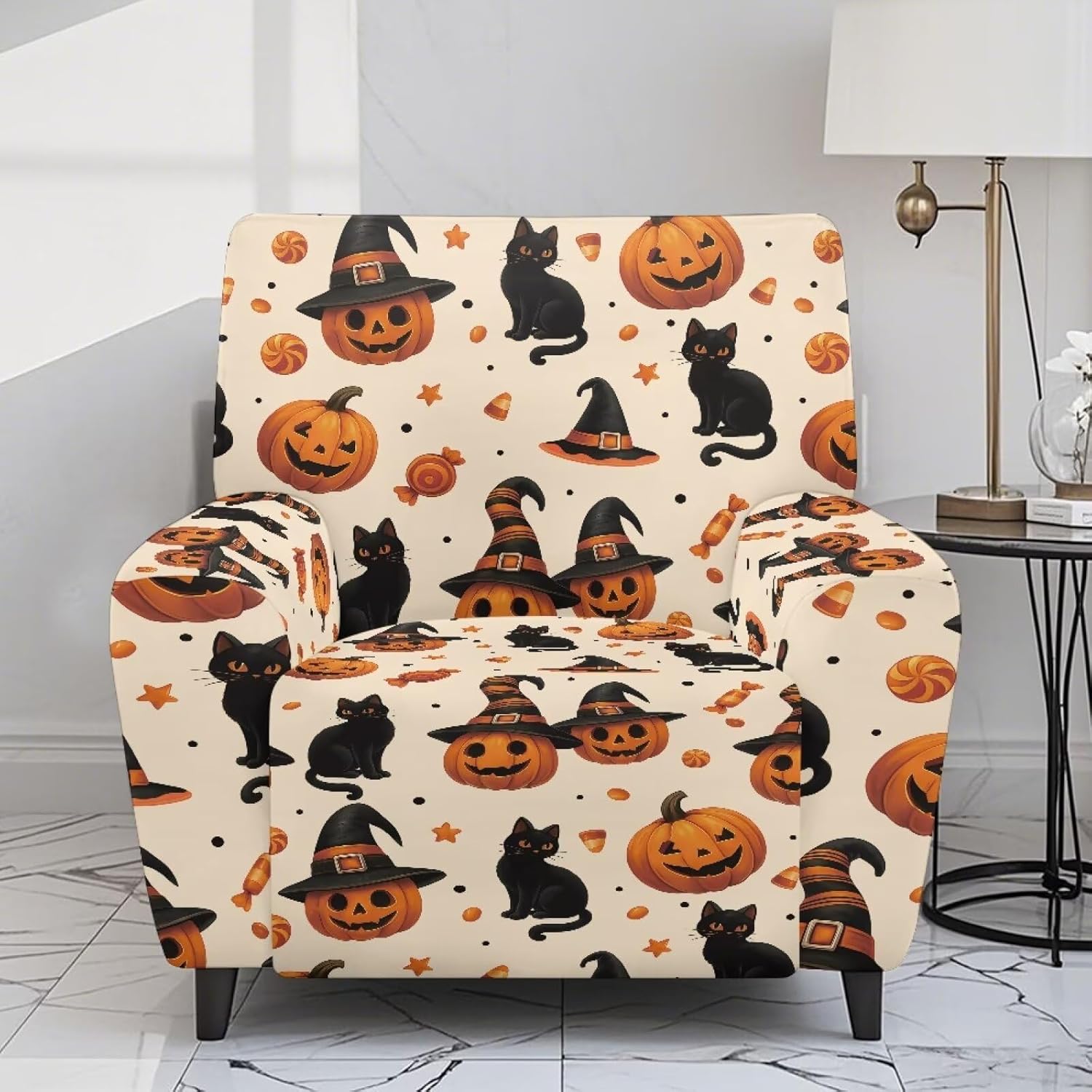 FOR U DESIGNS Pumpkin Black Cat Recliner Chair Covers 4 Pieces Stretch with Side Pockets Elastic Edges Washable for Small Recliners Easy to Install for Children and Pets