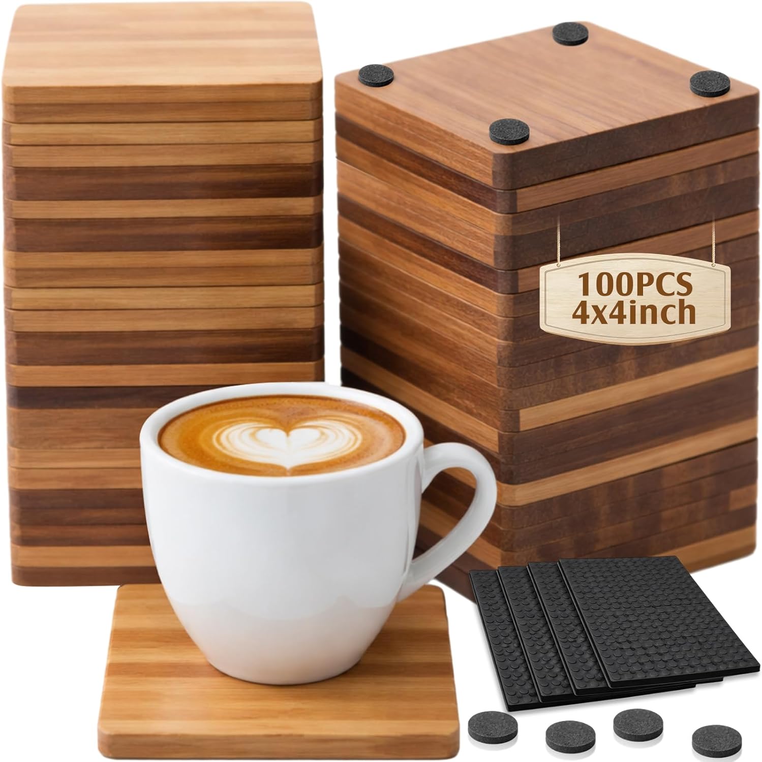 100 Pcs Unfinished Wood Coasters for Crafts, 4 Inch Blank Square Acacia Wood Coasters for Crafts with Non-Slip Dots for DIY Stained Painted Engraving Wedding Valentine Home Decoration