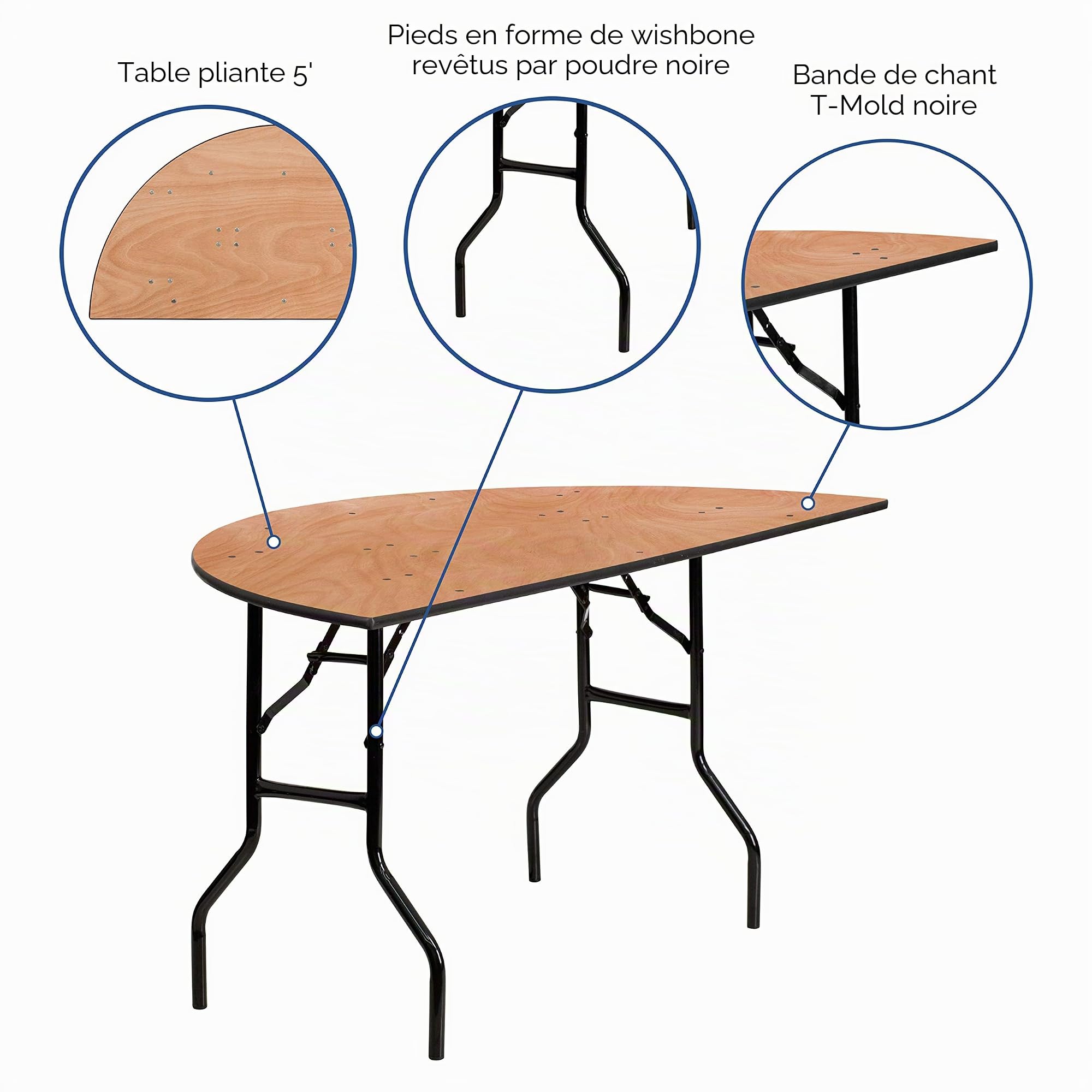 Flash Furniture Furman Table d'événement Pliable en Bois Semi-Ronde pour Toutes Les Occasions, Table de Banquet Pliable et Portable avec Plateau en Bois, Naturel/Noir