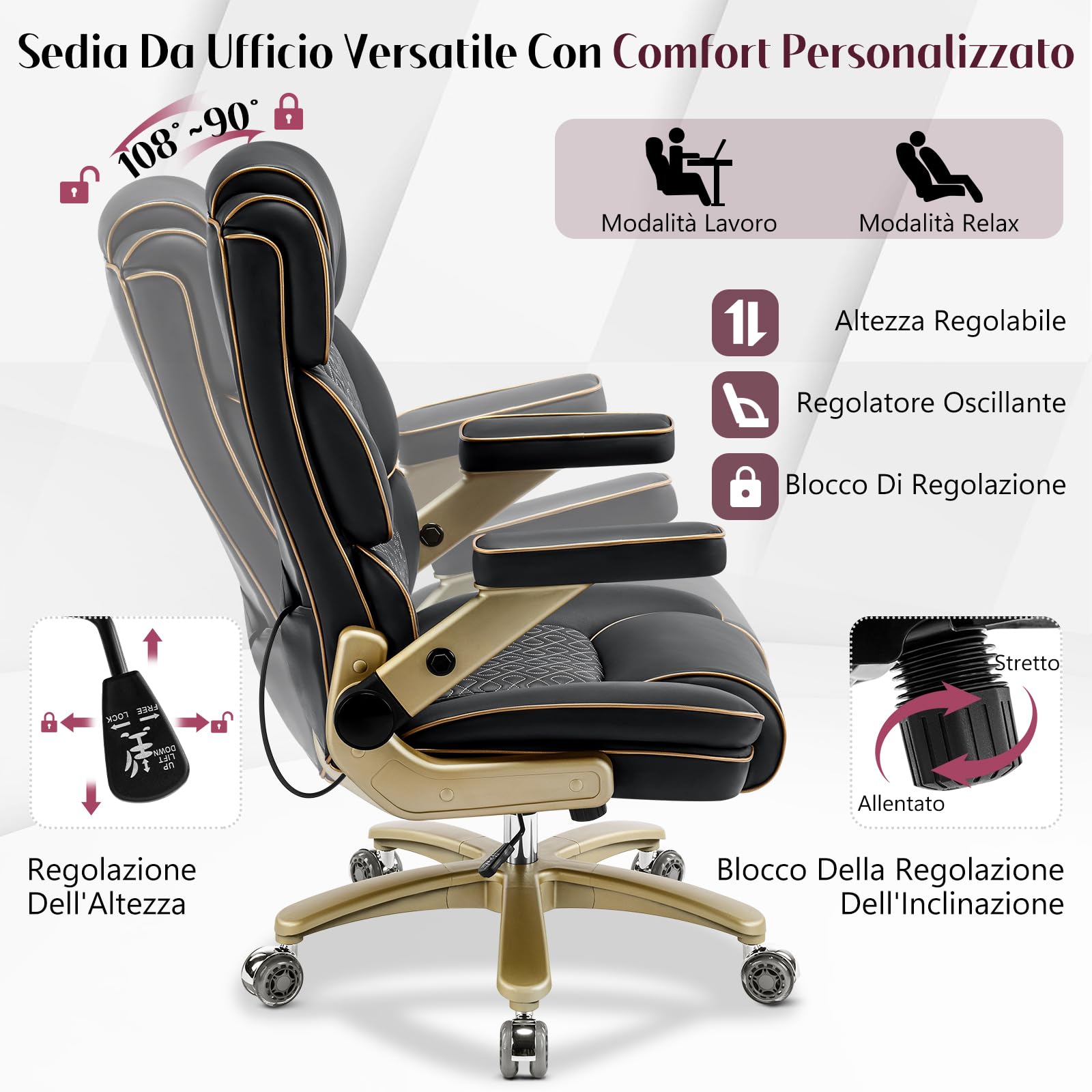 Hellove Poltrona Direzionale Ergonomica in Pelle con Braccioli 5D, Supporto Lombare Regolabile, Schienale Alto, Sedia da Ufficio Girevole e Confortevole per Casa e Studio, Nera