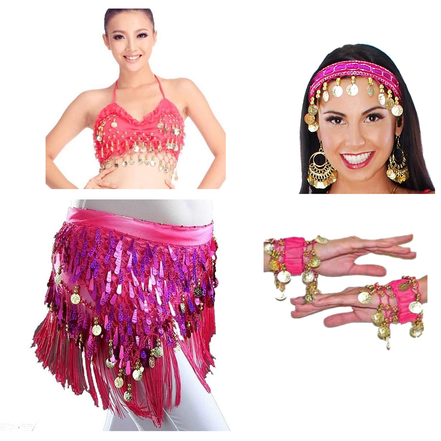 VRITRAZ Women's Chiffon Belly Dance Hip Scarf Waistband Belt Colors Beads and Golded Coins (Rose, Pack of 4)-picture-13