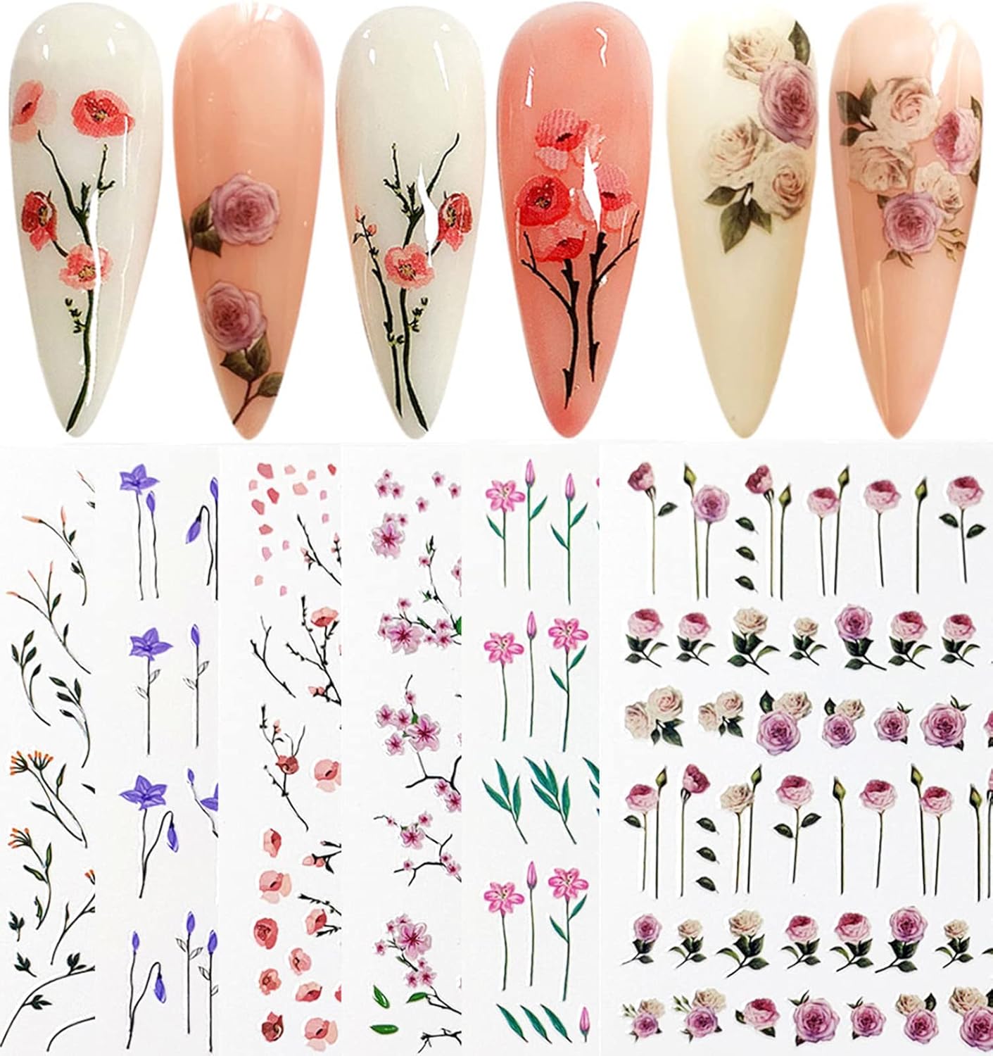 Spring Flower Nail Art Stickers Decals SelfAdhesive Cherry Blossom Floral Willow Morning Glory