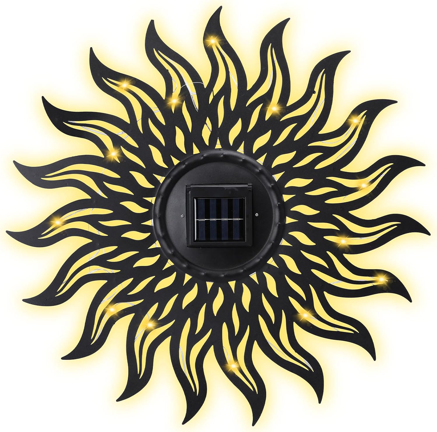 VCUTEKA 20" Sun Metal Wall Art Outdoor Decor Solar Decoration Metal Wall Sculpture Hanging Garden for Indoor Outdoor Patio Fence Decoration Black