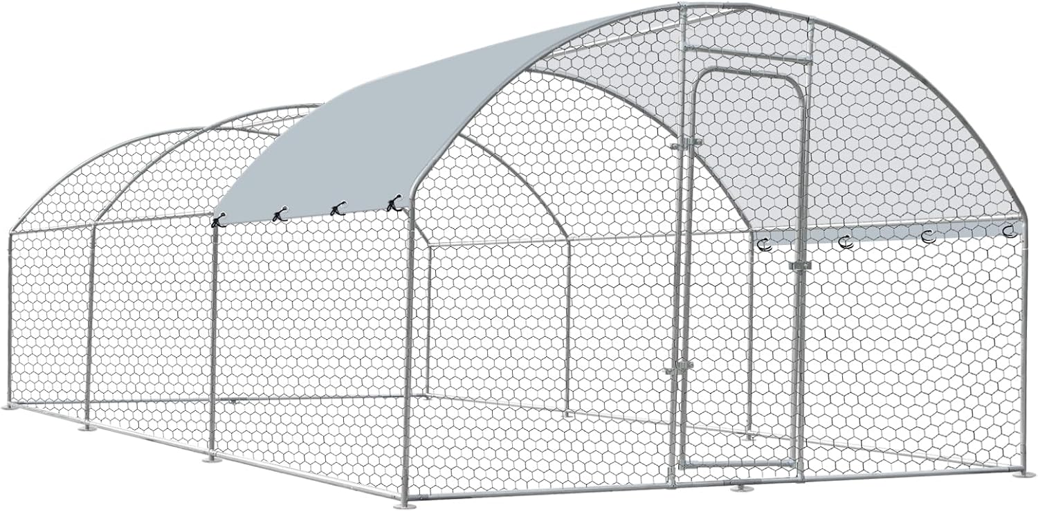 Outdoor Metal Chicken Coop Large Walk-in Poultry Cage Spire-Shaped Chicken Run with Waterproof and Anti-Ultraviolet Cover for Outside,Backyard and Farm,9.8' L*9.8' W*6.4' H