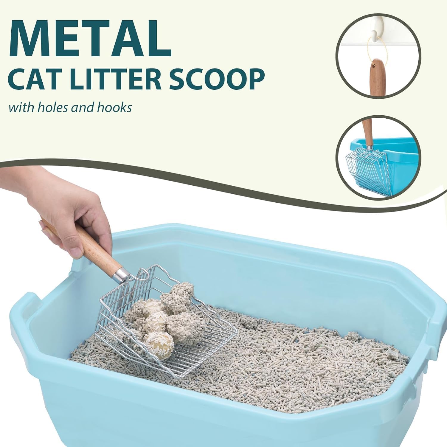 Cat Litter Scoop, Kitty Metal Scooper with Hook & Hole | Stainless Steel Kitten Poop Lifter, Non Stick, Durable & Heavy Duty Sifter, Easy To Clean,Saves Time, for Litter Box