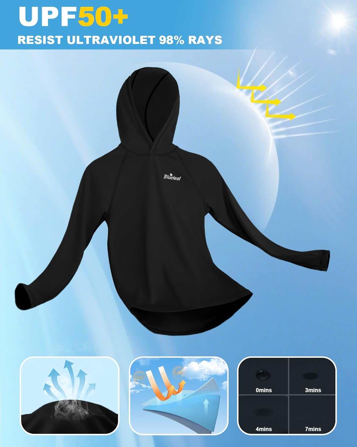 Blueleaf Boys Rash Guard Long Sleeve Hoodie UPF 50+ Sun Protection Fishing Shirt Kids SPF Water Beach UV Shirt Thumb Hole - Image 5