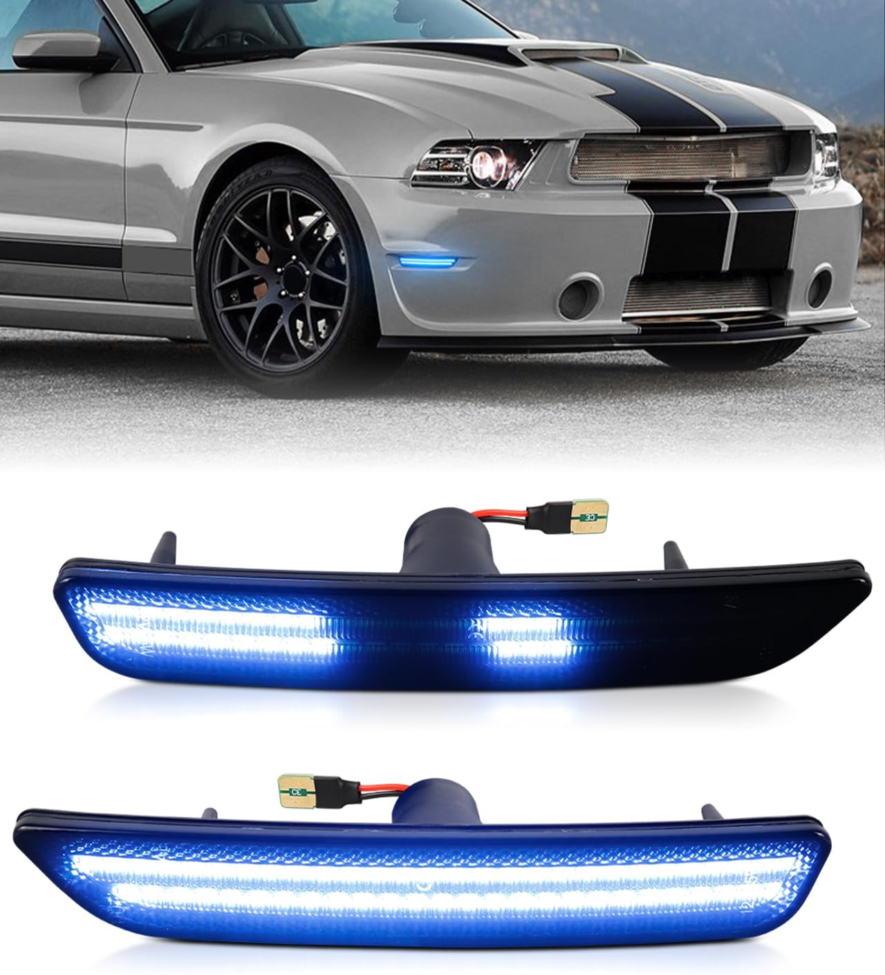 Dynamic Front Blue LED Side Marker Lights Compatible for Ford Mustang 2010-2014, Driver & Passenger Side Fender Marker Lamps, Smoked Lens Pack of 2