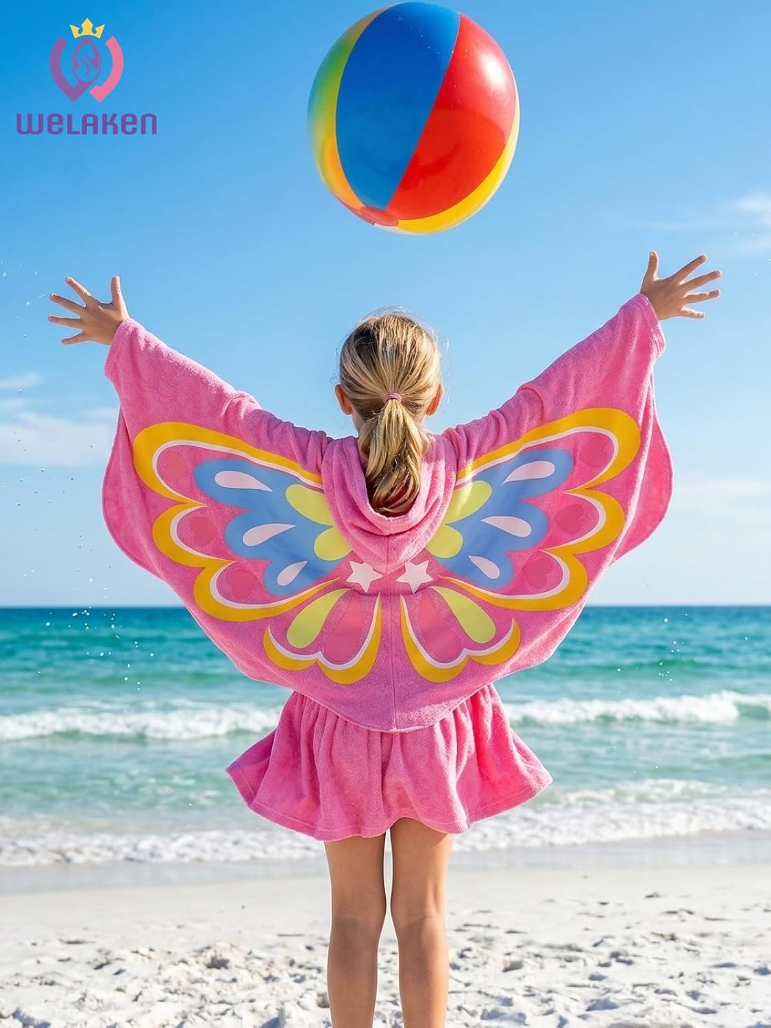 Girls' Butterfly Swim Cover Up Hooded Terry Zip-Up Bathing Towel Suit Wrap with Pockets for Toddlers & Kids