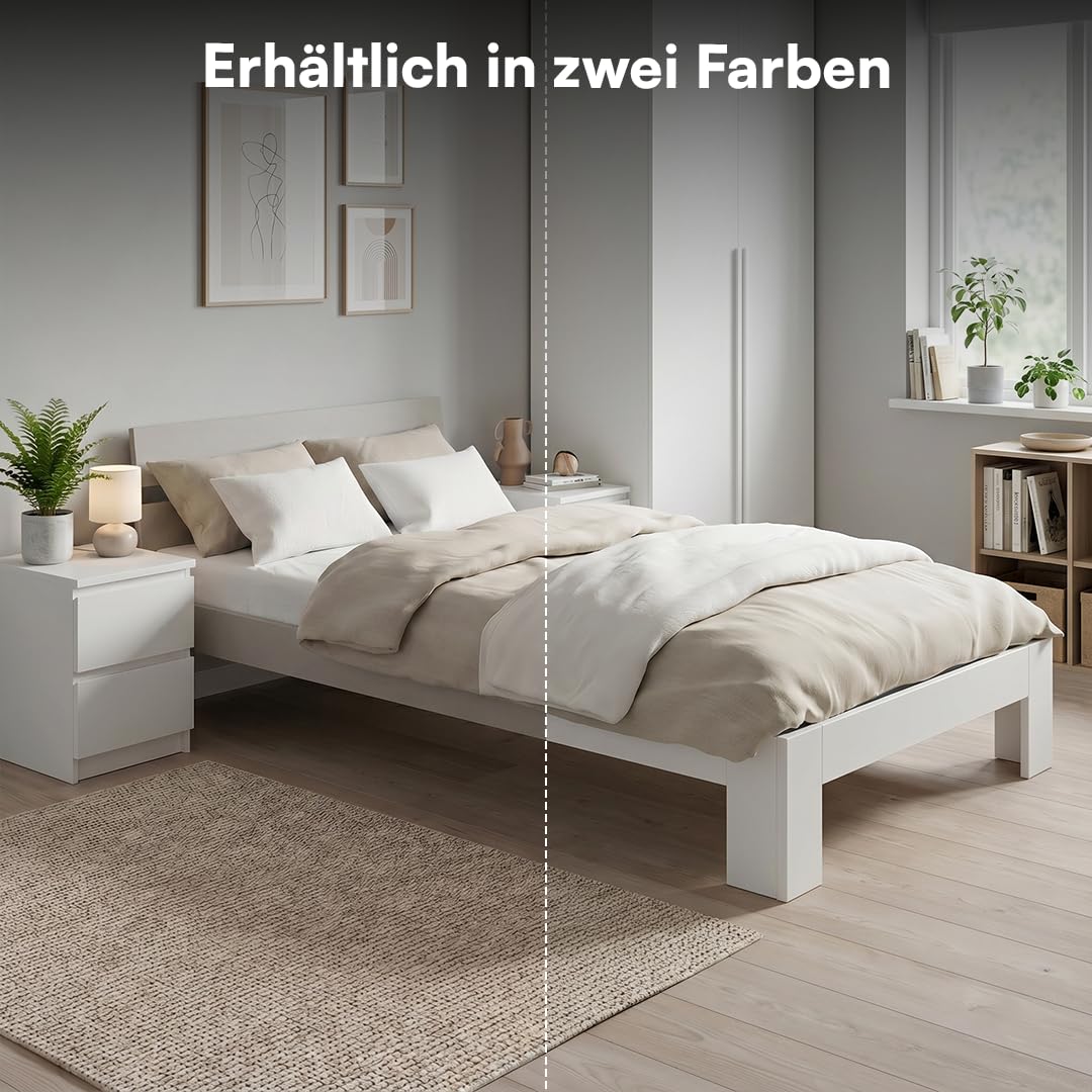 Bellamio Kavir Holzbett 120x200 cm, Massivholz Kiefer, mit Lattenrost, weiß | Massivholzbett , Bettgestell mit Bettkopf, Stabiler Bettrahmen bis 120 kg, geeignet als Einzelbett, lackiert