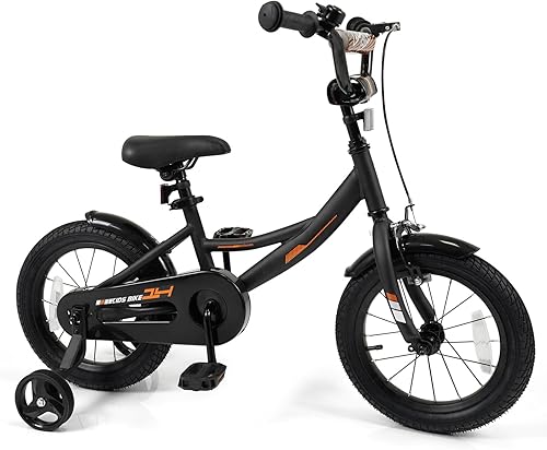 Miniatura 9 de BABY JOY Bicicleta para niños, bicicleta deportiva de 12 a 18 pulgadas con ruedas de entrenamiento extraíbles, asiento y manubrio ajustables, freno