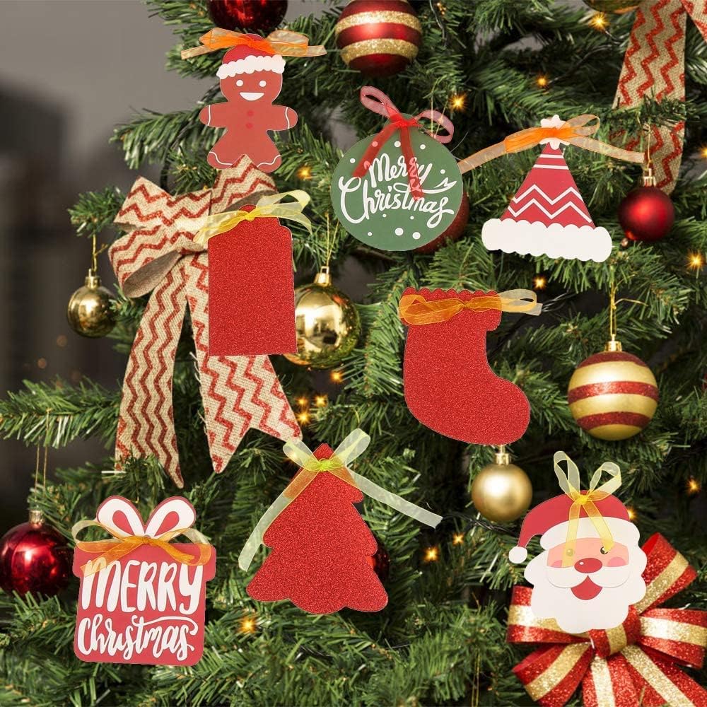 Christmas Gift Tags, 100 Pieces Colorful Xmas Kraft Paper Tags Hanging Labels with Organza Strings for Xmas Gift Decorations (Assorted 10 Styles) - Image 3