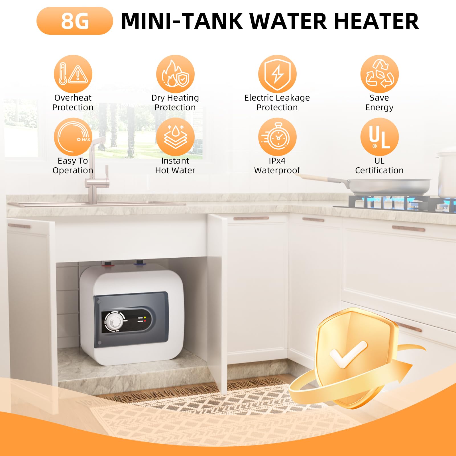 Electric Mini Tank Water Heater, 8Gallon Under Sink On Demand Hot