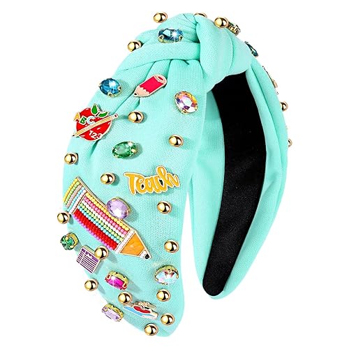 Vista 15 de Diadema para profesora, diadema anudada con perlas de cristal para mujer, lindo libro, para enseñar, adornado con nudo superior, regalos