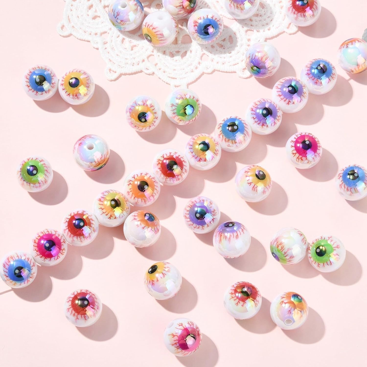 Ornazy 200 pcs Random 15mm Acrylic Eyeballs UV Plating Round Eye Spacer Beads Lucky Evil Eye Beads for DIY Bracelet Earring Crafts Making