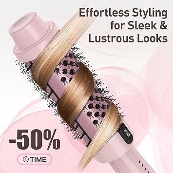 Thermal Brush, Round Heated Hot Brush Blowout Boost Ionic, Curling Brushes for All Hair, 5 Temperature Settings, Universal Voltage for Travel, Dual PTC, Not for Blow Drying, Pink